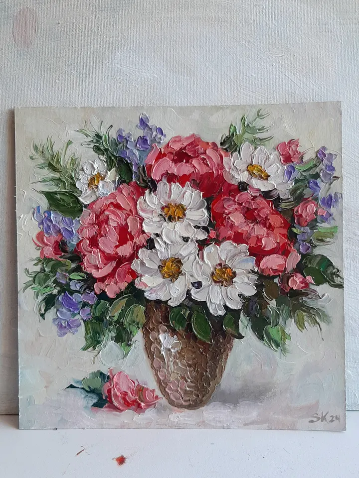 Small Flower oil painting Wildflowers Original art Textured Vaze wall art Yellow flowers painting