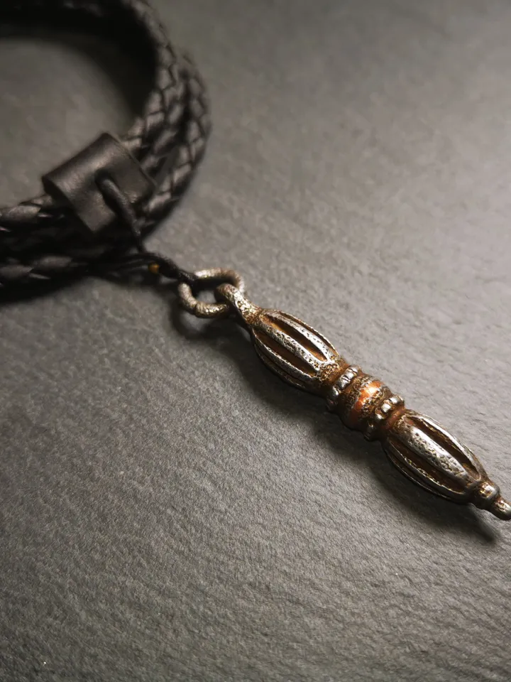 Gandhanra Tibetan Buddhist Amulet,Nine-pronged Dorje Vajra Pendant with Leather Chord,Made of Cold Iron,1.97"