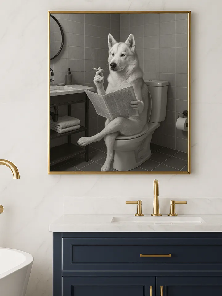 Funny Dog Reading on Toilet Wall Art, Husky Bathroom Humor Print, Quirky Pet Lover Digital Download