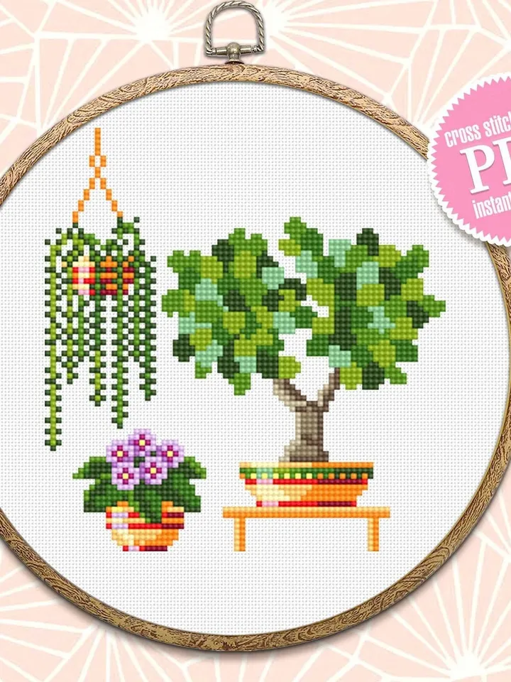 House plants cross stitch pattern download PDF, Small floral cross stitch chart, Garden beginner stitch, Potted plants embroidery PDF #P13