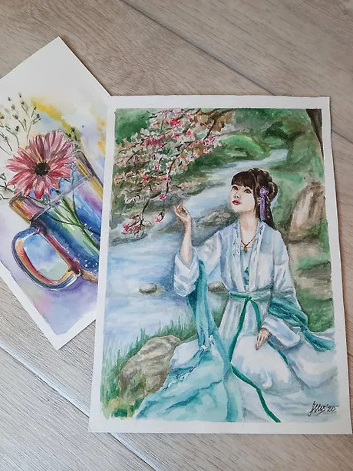 Woman painting Watercolor painting Original painting Blossom Sakura art Oriental