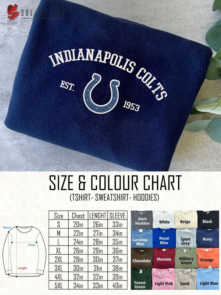Indianapolis Colts Est 1953 Embroidered Sweatshirt, NFL Embroidered Sweater, NFL Indianapolis Colts Shirt, Hockey Embroidered Hoodie, Unisex Game Day Crewneck, NFL Football Fan Gift Tee