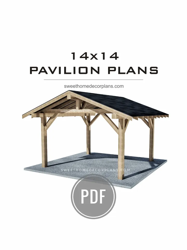Diy 14 x 14 Gable Pavilion Plans in pdf. Square outdoor pavilion gazebo plans. Carport plans. Diy backyard wooden pavilion plans for outdoor.