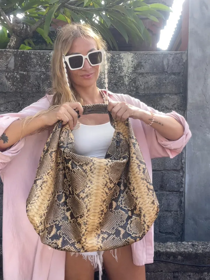 Big Soft Hobo Classy Sport Woman Bag | Purse Genuine Python Skin | Python Skin Products | Beige Big Elegant Leather Designer Soft Bag Snake