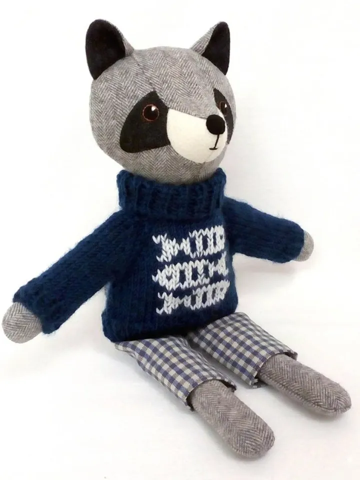 Gray raccoon boy, handmade plush raccoon toy, wool stuffed doll
