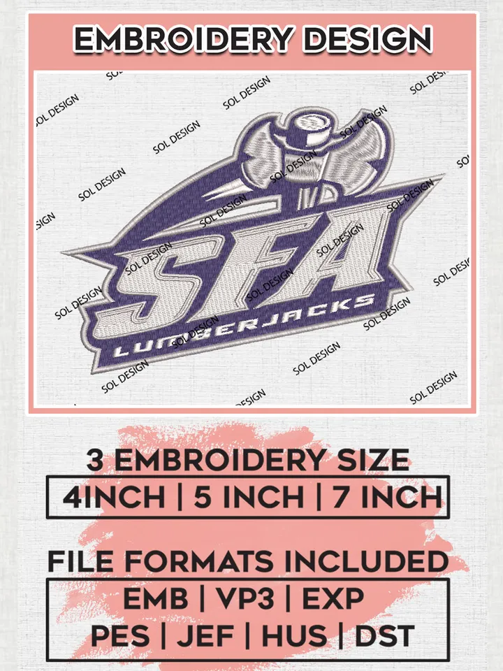 SFA Lumberjacks Football Team Logo Embroidery Design Files, NCAA Stephen F Austin Lumberjacks Machine Embroidery, NCAA Teams, Game Day, 3 sizes, NCAA Machine embroidery designs, Digital Download