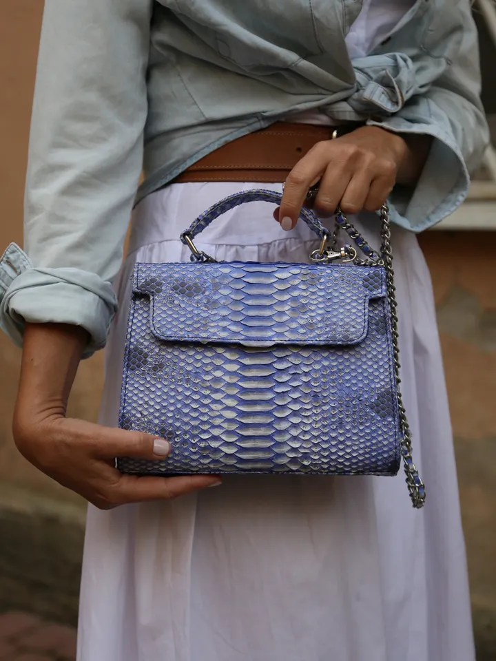 Genuine python skin light blue women elegant crossbody handle bag | Genuine snake leather purse | Classy woman handmade bag | handle bag