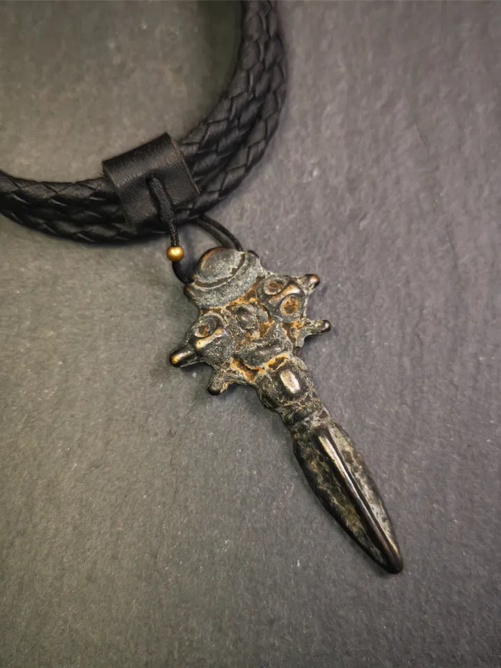 Gandhanra Antique Tibetan Amulet Necklace,Cross Vajra Phurba,Kila(Dorje Phurba) ,Made of Thokcha,70 Years Old,2.36"