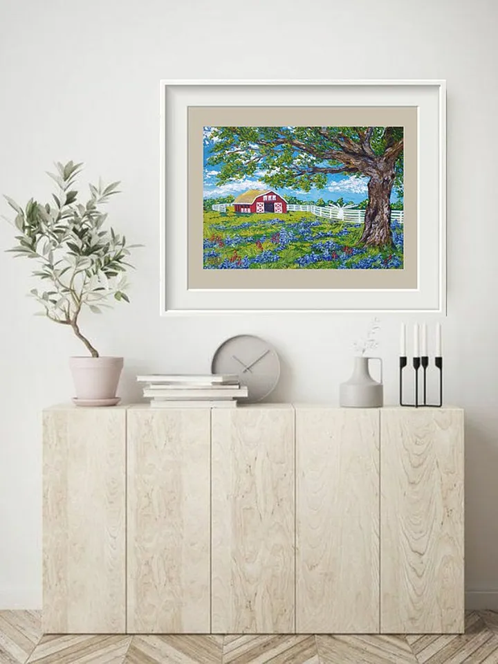Red Barn Painting Bluebonnet Original Art Texas Wall Art Impasto Oil Painting