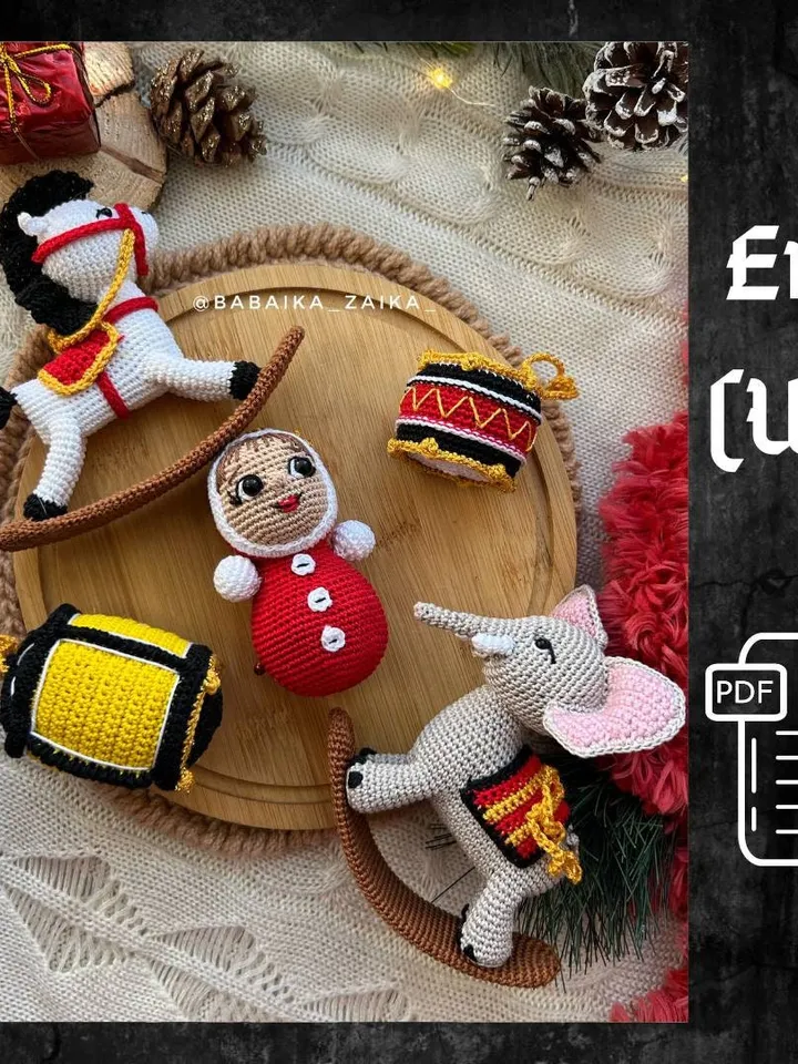 PDF Crochet Christmas Tree toys SET: Rocket Horse, Drum, Rocket elephant, Flashlight, Nevalyashka Doll, Christmas Amigurumi Pattern Decor