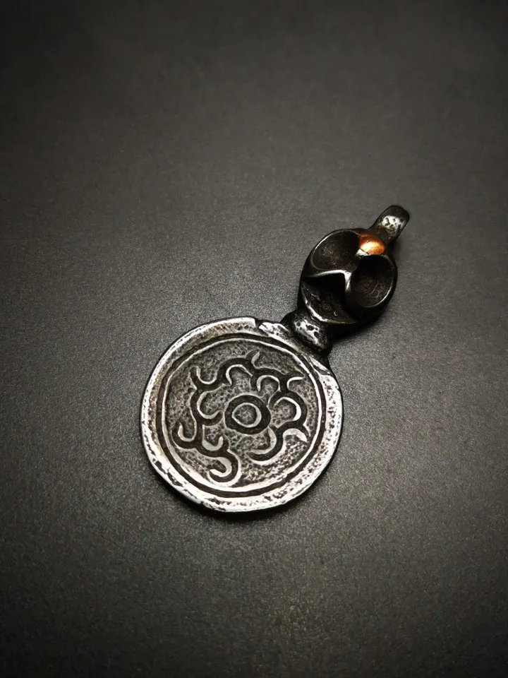Gandhanra Handmade Buddhist Amulet,Skull Sītavana and Flame Pendant,Cold Iron inlaid Copper