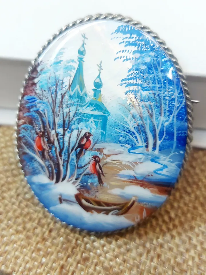 Mother-of-pearl Russian brooch "Russian Winter", Miniature hand-painted, Russian fine art jewelry, Аbalone shell. Russia gift for woman. Pin