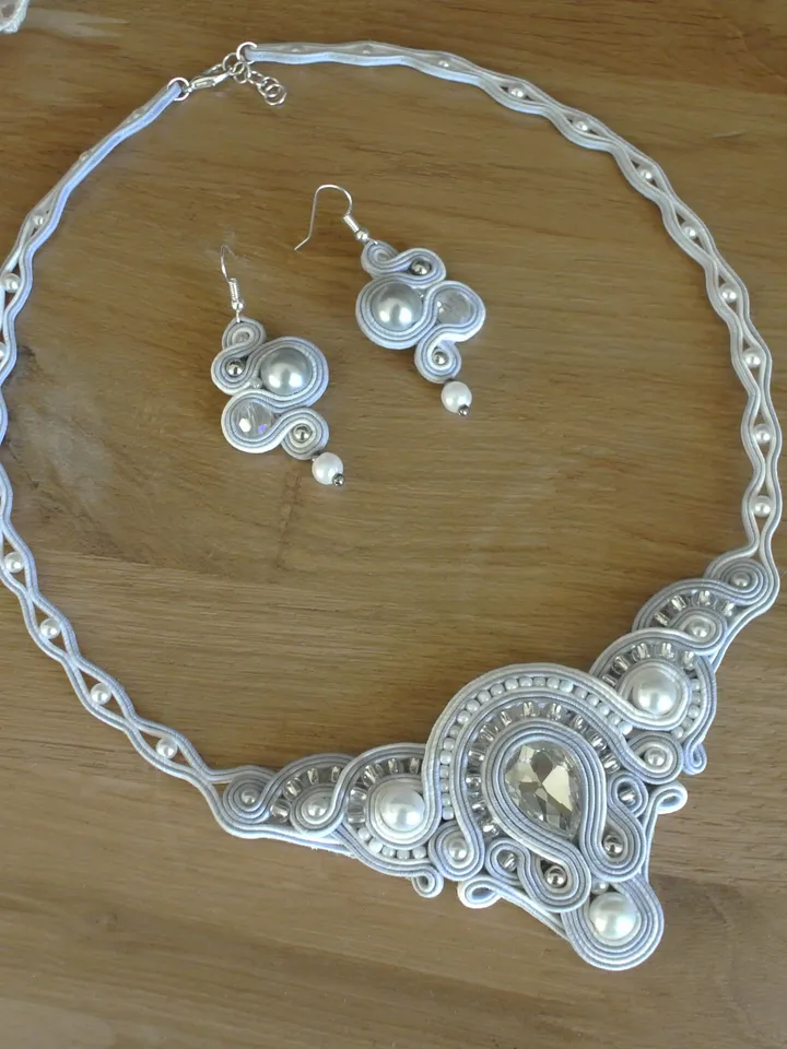 Bridal jewelry set, White necklace and earrings, Soutache embroidery, Rhinestone beaded necklace