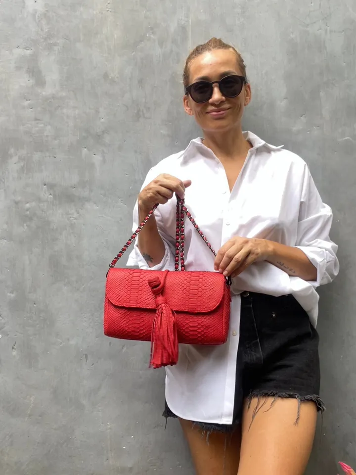 Genuine Python Skin Clutch with tassel |women purse | exotic leather bags | red classy evening clutch | designer crossbody bag handmade