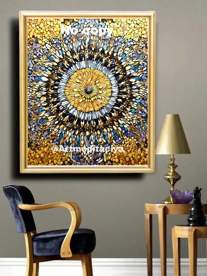 Modern digital abstract energy painting "Mandala of Harmony" abstract panel in bronze-gold shade with gray-blue, silver, black inclusions in the style of zenart, pointillism, interior painting