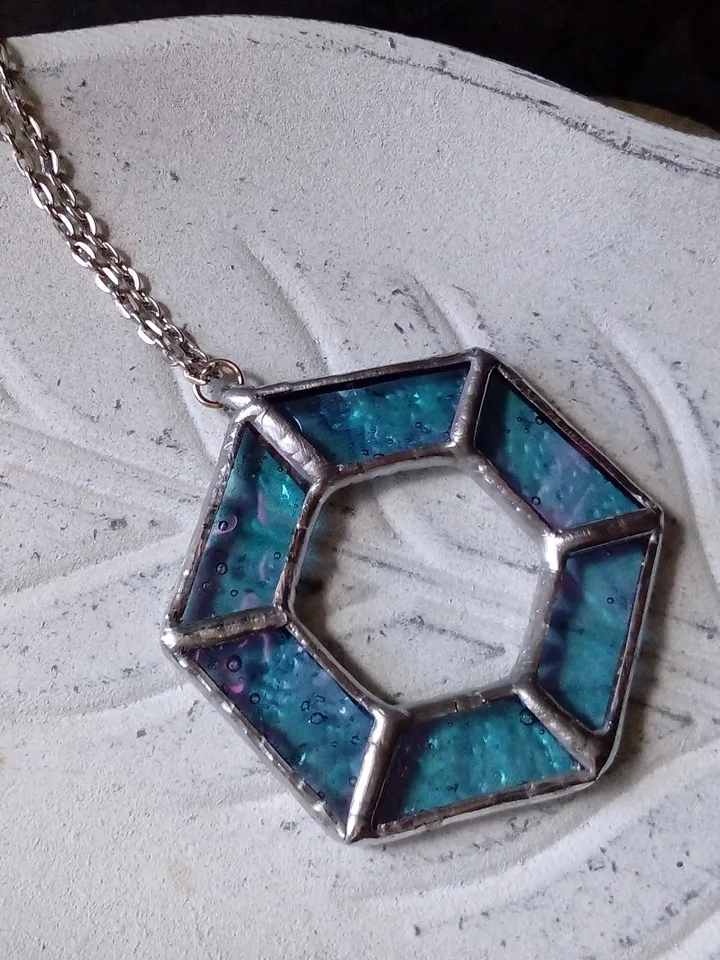Iridescent stained glass, geometric pendant, Hexagon dichroic necklace, Stained glass cute necklace, Sacred geometry