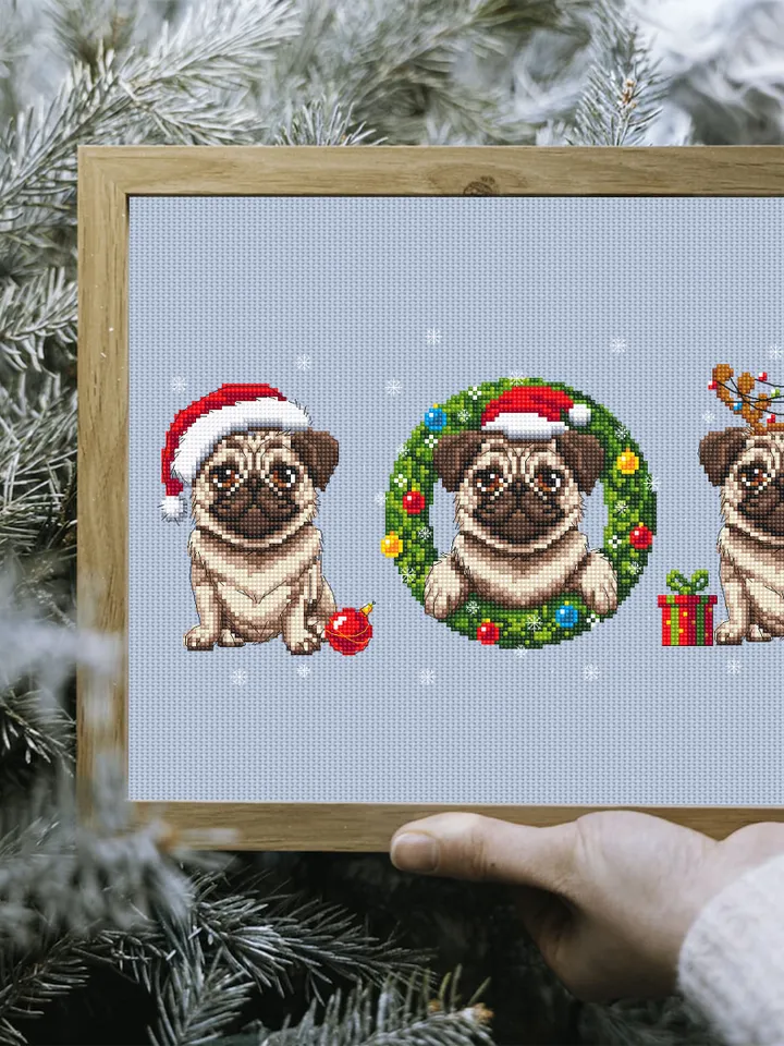 Christmas pug dog cross stitch pattern PDF download Set Pug christmas cross stitch chart, Christmas dog embroidery PDF, Dog lover gift #N104