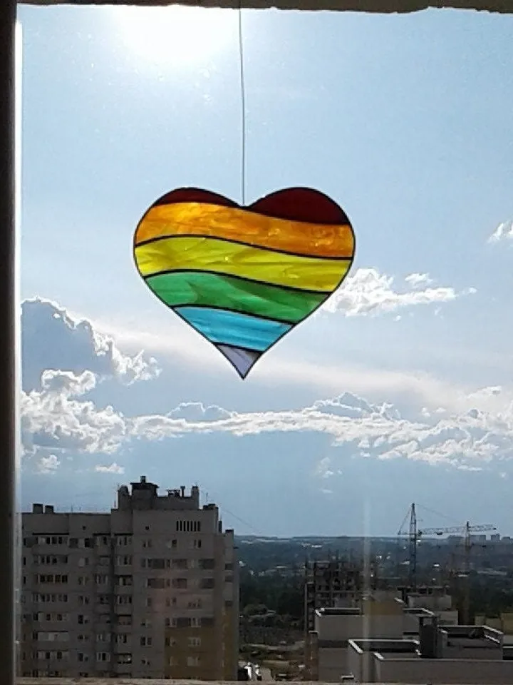 Rainbow Heart . Art stained glass window hanging Suncatcher , LGBTQ pride