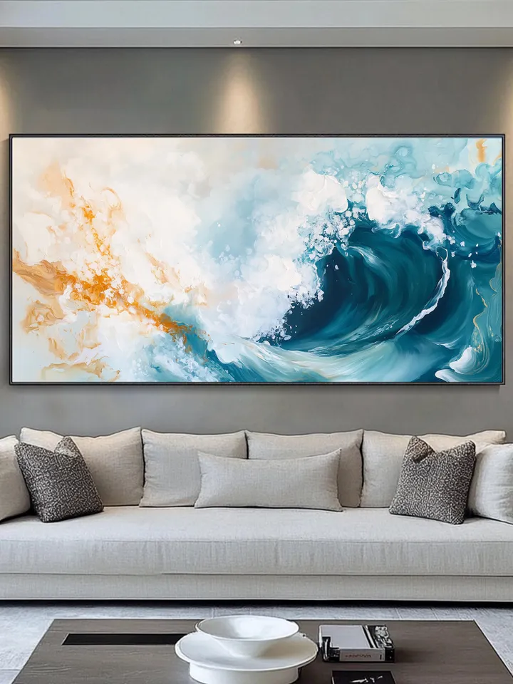 Ocean Wave Painting, Abstract Seascape Art, Blue and Gold Wall Art, Textured Wave Art, Large Canvas Artwork, Original Painting, Bedroom Art