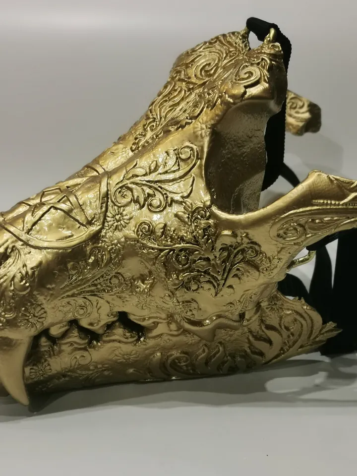 Golden Wolf Skull Mask, Pattern Mask, burning man mask, custom cosplay mask, cosplay face mask, shamanic mask, pagan mask, ritual mask