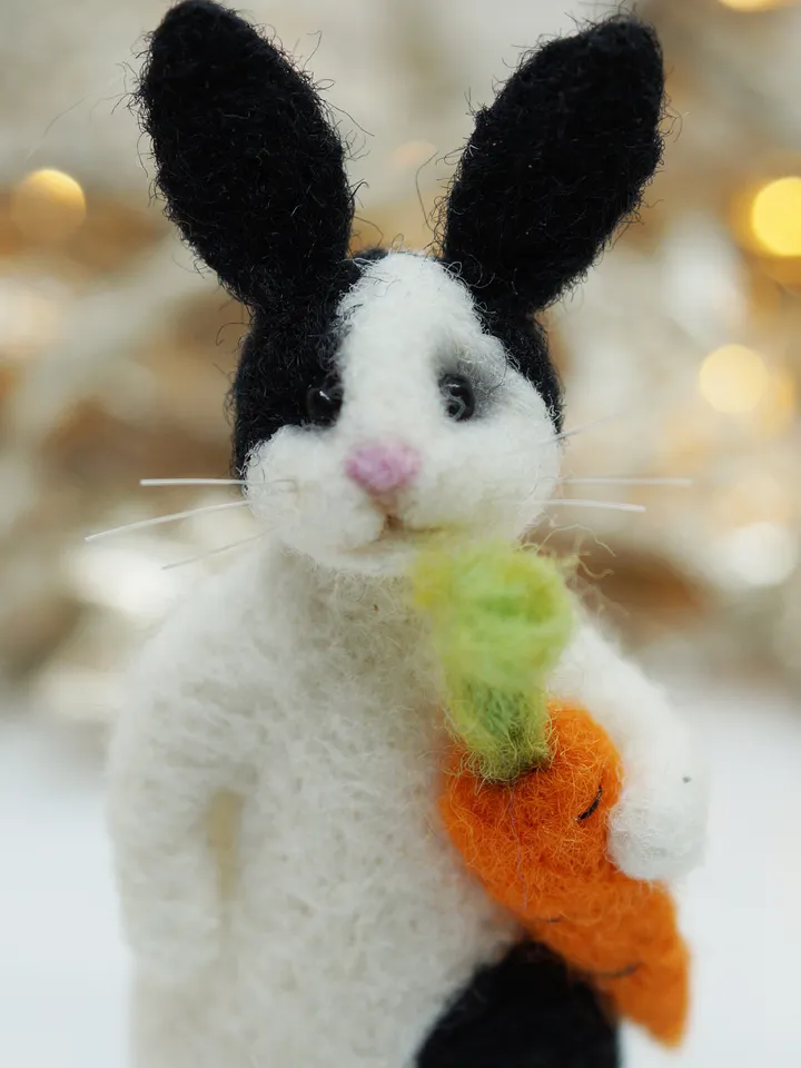 Bruno the rabbit, miniature needle felted black and white rabbit with a carrot, made to order