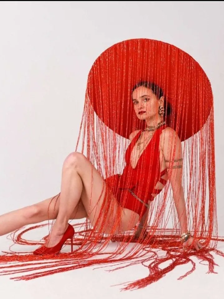 fringe hat, photo shoot hat, red hat, prop hat, futuristic costume, party hat