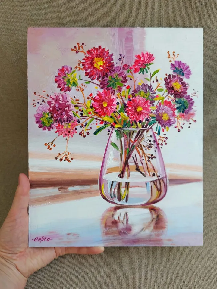 Asters Flowers Original Oil Painting Wall Art