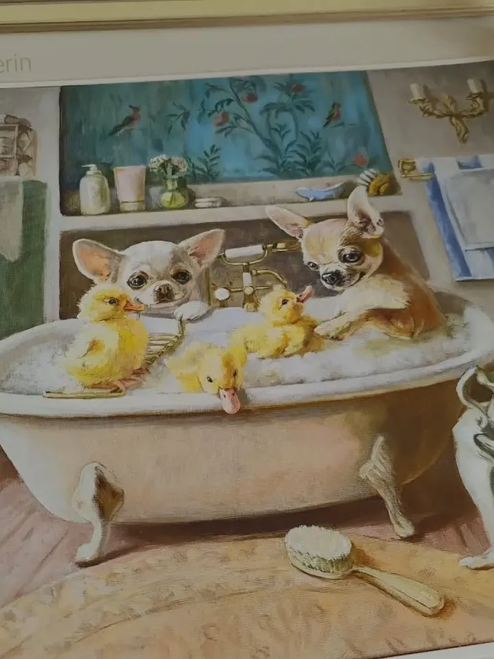 print of oil painting chihuahua "Ducklings in a bath"
