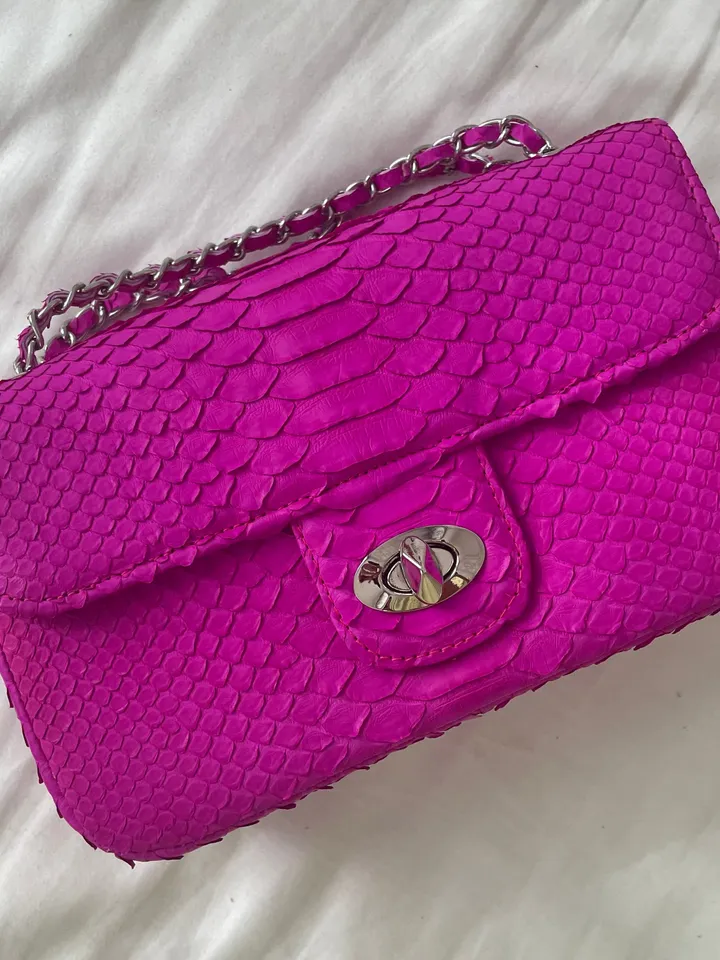 Genuine python skin midi crossbody bag fuchsia colour, summer bright chain crossbody, elegant classy crossbody bag genuine leather summer