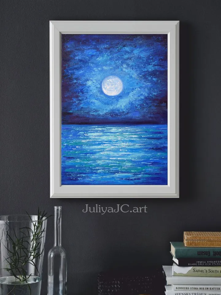 Seascape painting Moonlit night art original oil painting Full moon Night ocean artwork 12 by 8.3 inch by Juliya JC