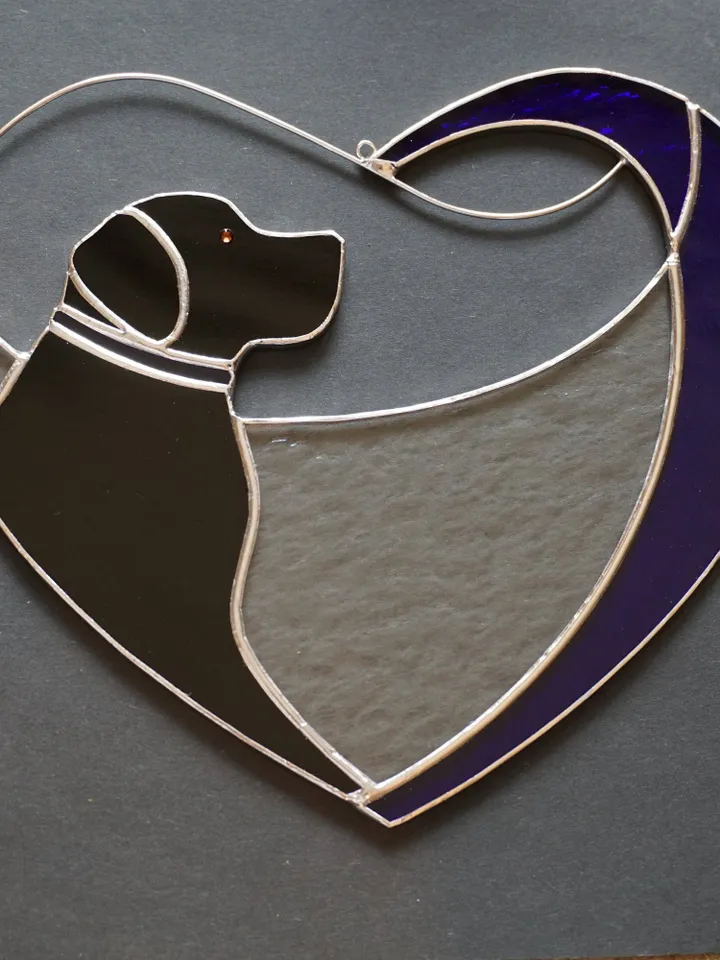Dog Black Retriever Labrador in Blue Heart . Art Stained glass window hanging Suncatcher . Gift for animal lover , pet loss memorial