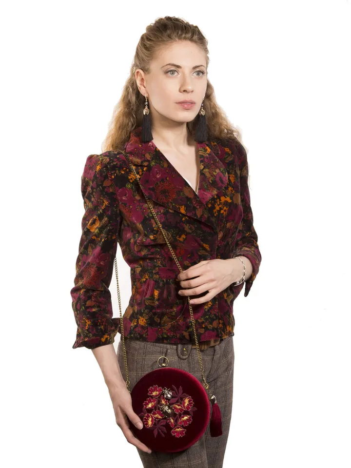 Clutch round burgundy velvet with flower embroidery and beetles