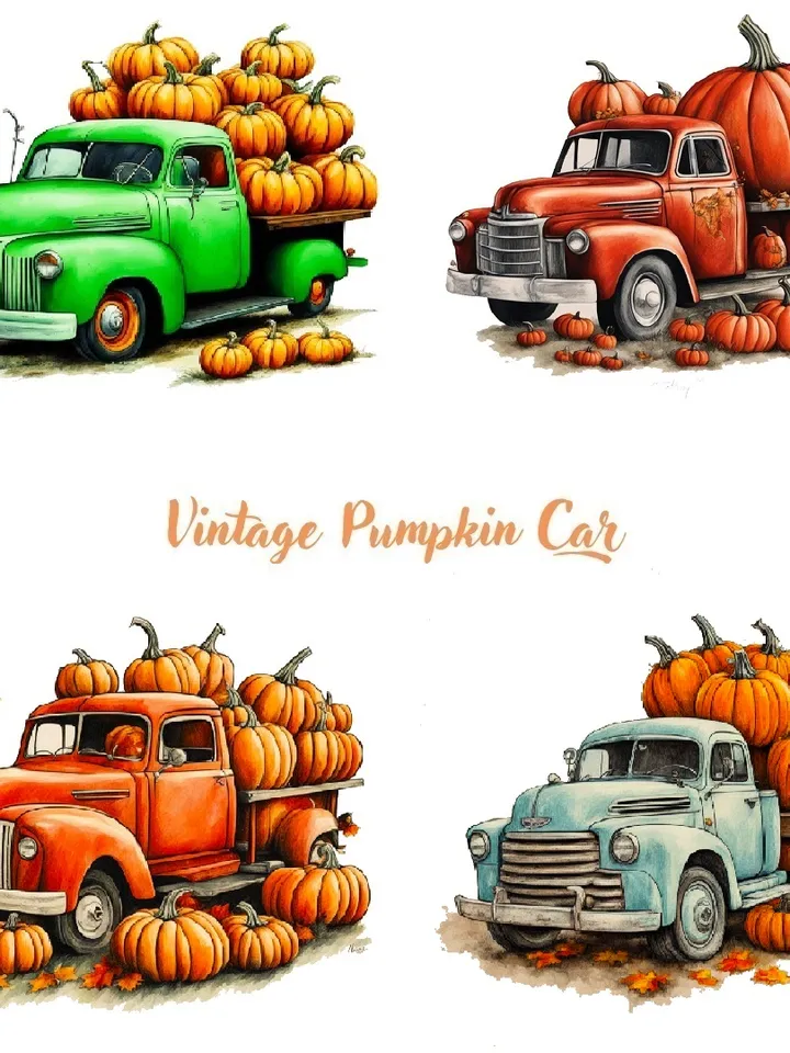 Set of 4 Pumpkin Truck Png Pumpkin Truck Sublimation Design Pick Up Car Png Autumn Trucks Printable Vintage Car Pumpkin