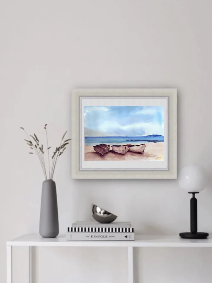 Original Watercolor Painting Sea Landscape Art Boats Artwork 30x40 cm by SoftWaves