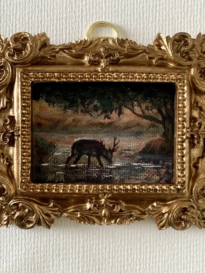 Forest Deer Landscape Oil Painting Original In Vintage Style Frame Small Framed Oval Painting Art