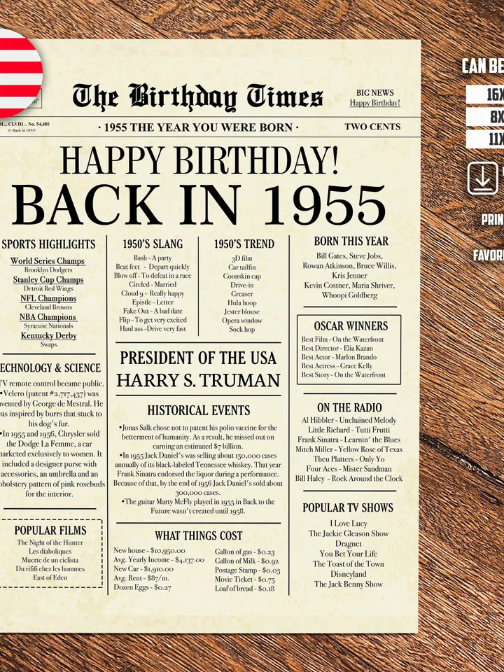 70th Birthday Newspaper Poster, Born in 1955, Back in 1955 USA Sign, 70 Years Ago Printable Decor, 70th Party Digital Gift