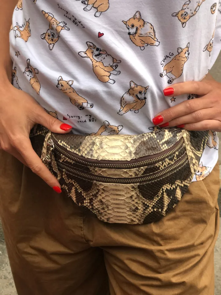 Genuine Python Skin Fanny Pack Brown and White | Exotic Leather Bags | Fanny Pack Women | Summer Fanny Pack | Snake Print Bag | Stylich Bag
