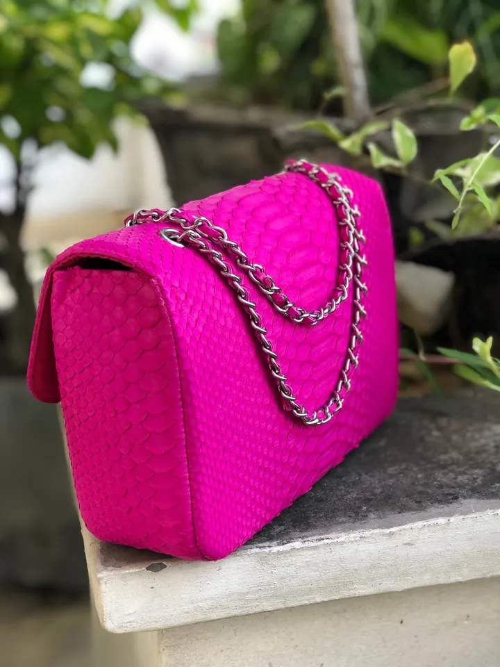 Genuine python skin maxi crossbody bag fuchia colour big, summer big chain crossbody, elegant classy crossbody bag genuine leather summer
