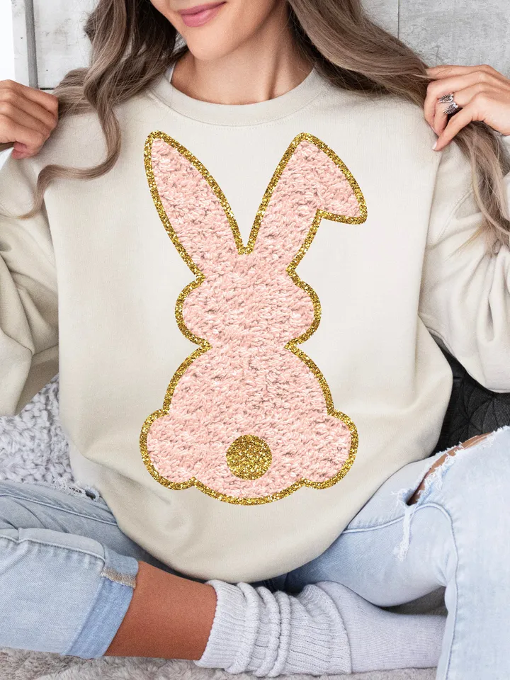 Chenille Bunny PNG White Easter Bunny PNG Faux Chenille PNG Rabbit Easter Vibes Cute Easter Shirt Design