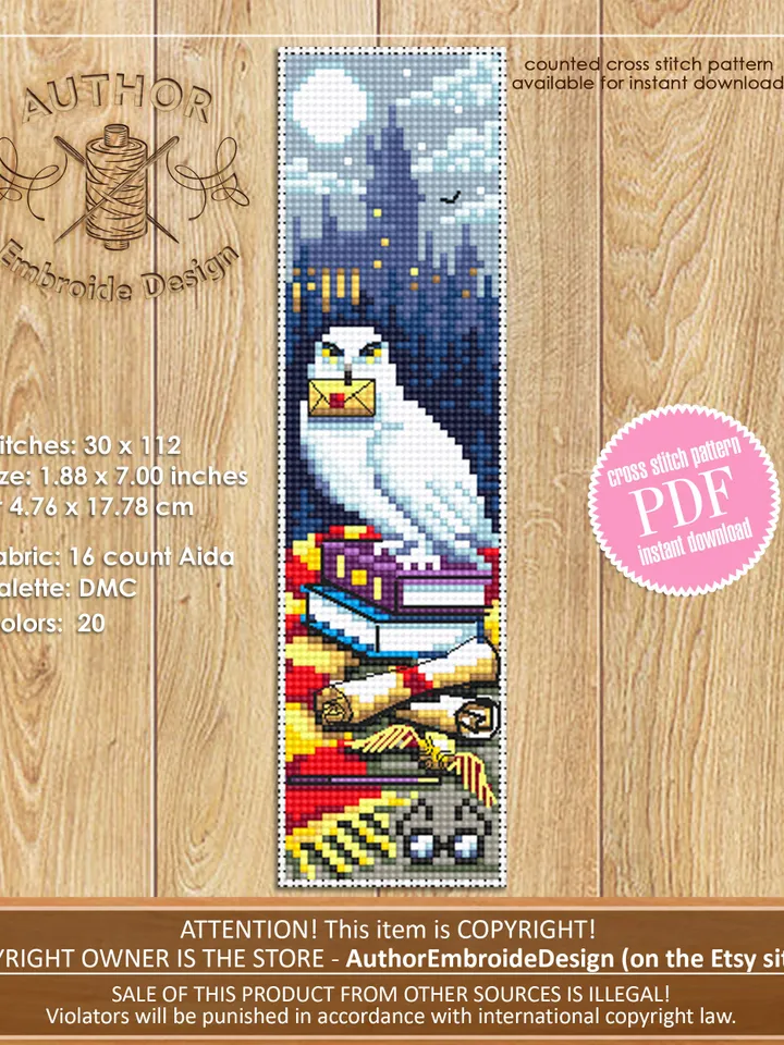 Fantasy bookmark cross stitch pattern download PDF Magic handmade bookmark digital PDF Fairy barn owl cross stitch chart Wizard world #B79