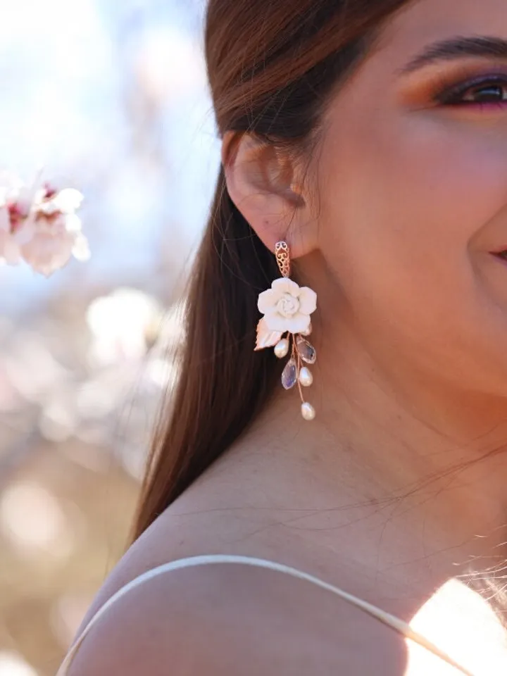 Delicate Flower Boho Wedding Earrings, Rose Gold Chandelier Statement Wedding Earrings, Floral Bridal Earrings, Swarovski Crystal Jewelry