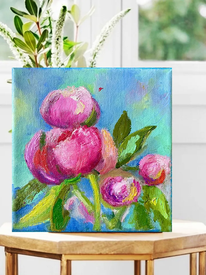 Peony oil painting on canvas, Small flower painting, Floral art