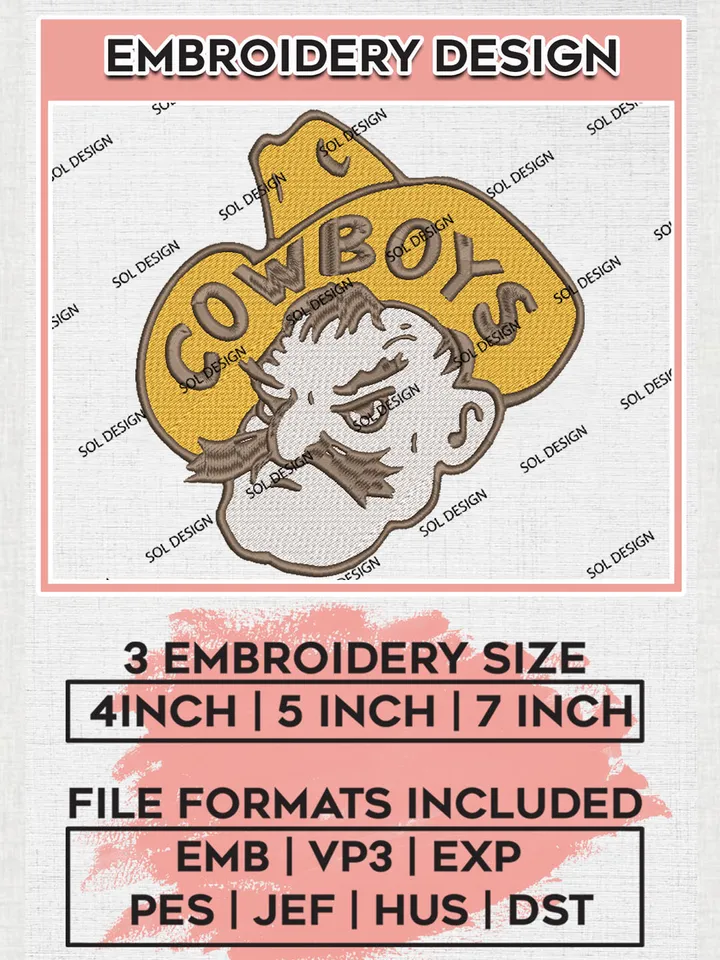 NCAA Wyoming Cowboys Team Head Mascot Logo Embroidery Design Files, NCAA Wyoming Cowboys Machine Embroidery, NCAA Teams, 3 sizes, NCAA Machine embroidery designs, Digital Download