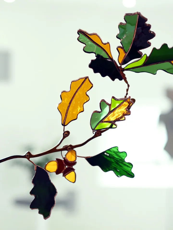 Stained Glass: Oak Twig. Tiffany Technique, Oak Branch. Tiffany-Style Stained Glass, Tiffany Stained Glass: Oak Leaf Branch, Tiffany-Style Stained Glass Oak Branch, Oak Twig in Tiffany-Style Stained Glass, Tiffany Stained Glass Oak Branch Design