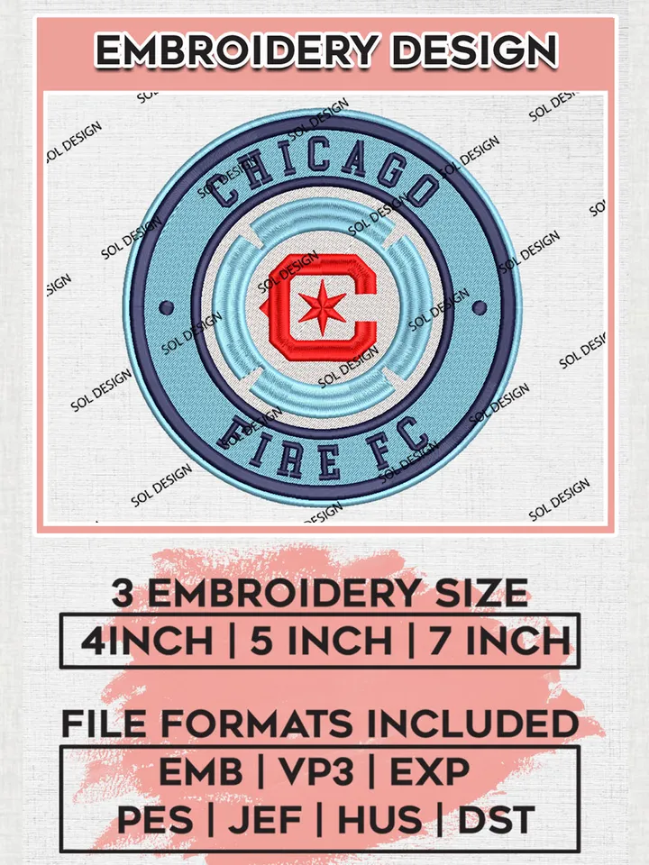 Chicago Fire FC Soccer Team Logo Embroidery Design, MLS Chicago Fire FC Logo Embroidery Files, Soccer Team Machine Embroidery, Machine Embroidery Design