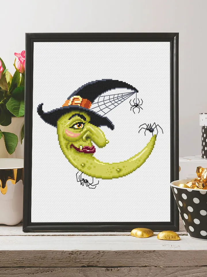 Crescent moon witch cross stitch pattern download PDF, Halloween moon cross stitch chart, Magic witch hat cross stitch Halloween spider #H43