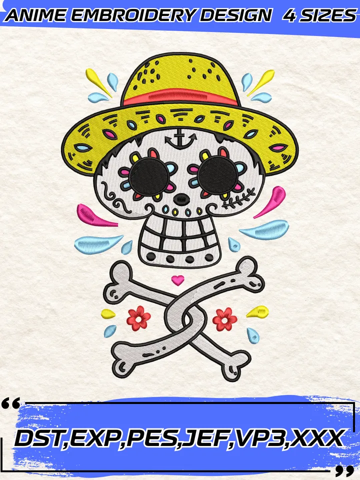 One Piece Skull Rest In One Peace Embroidery Design,One Piece ,Halloween And Skul,One Piece Machine Embroidery Design,4 Sizes,Instant Download