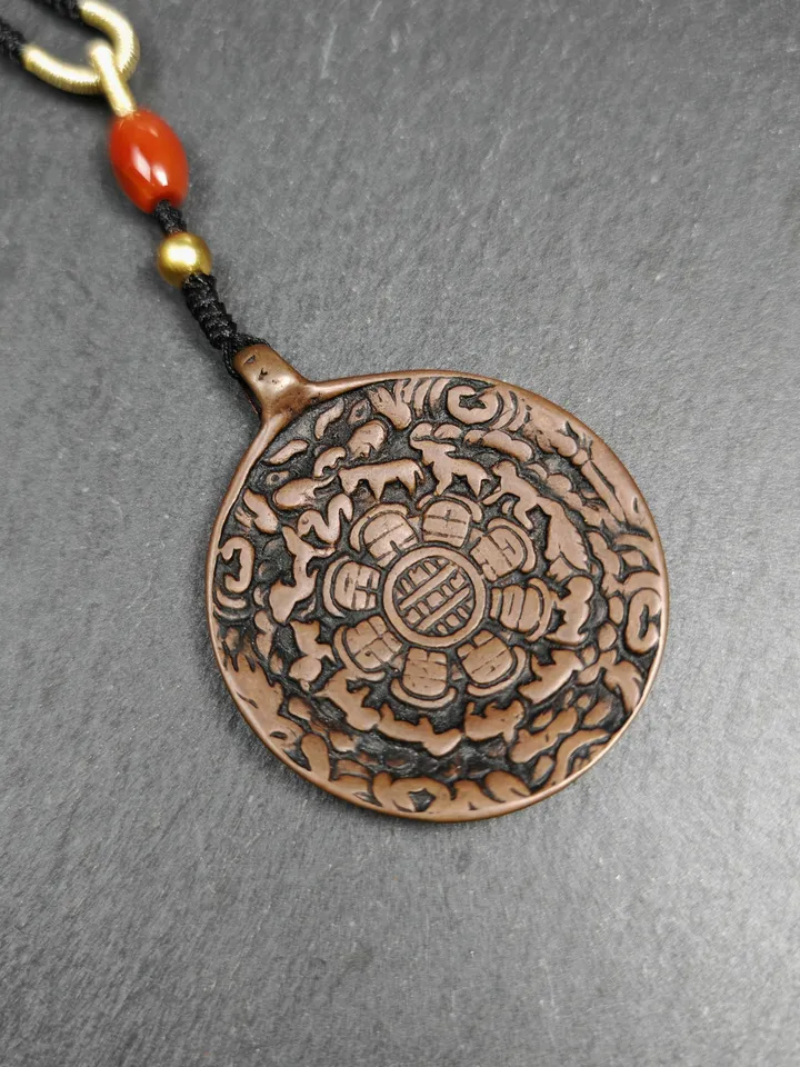 Gandhanra Vintage Tibetan Buddhist Calendar Amulet Sipaho Badge - Copper Melong Mirror Protective Charm Feng Shui Pendant,45mm