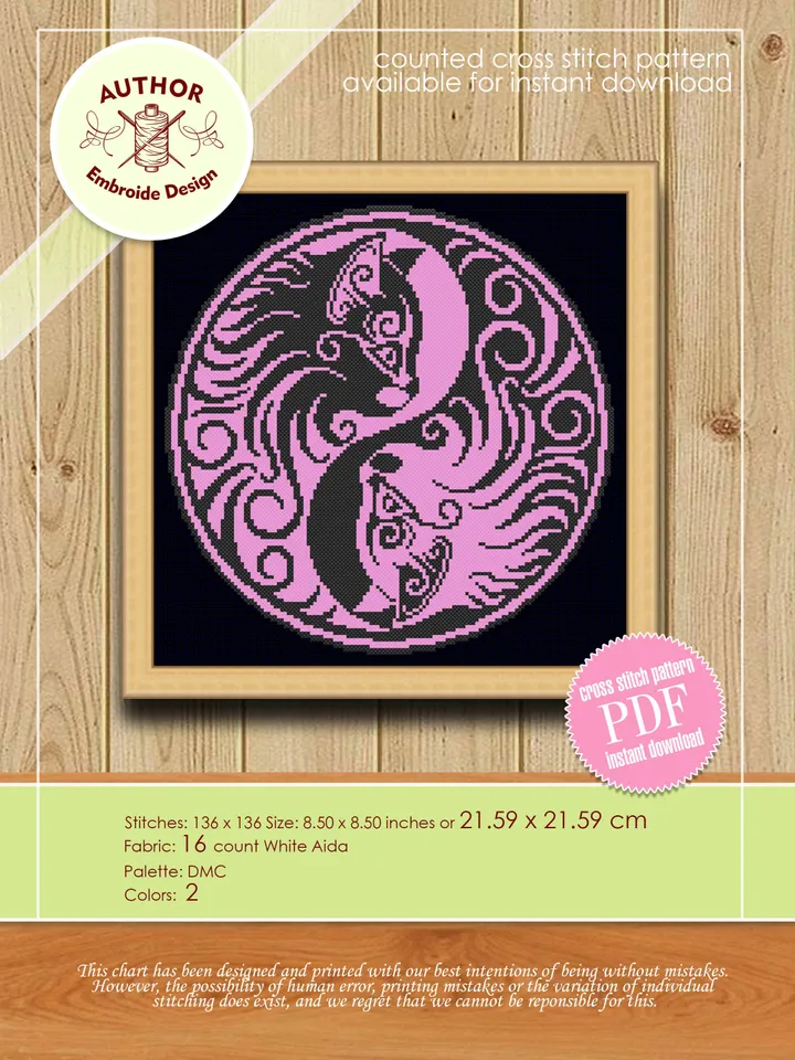 Yin Yang cat cross stitch pattern download PDF Mandala cat embroidery PDF, Yin and yang cross stitch chart, Cat lover gift, Home decor #M105
