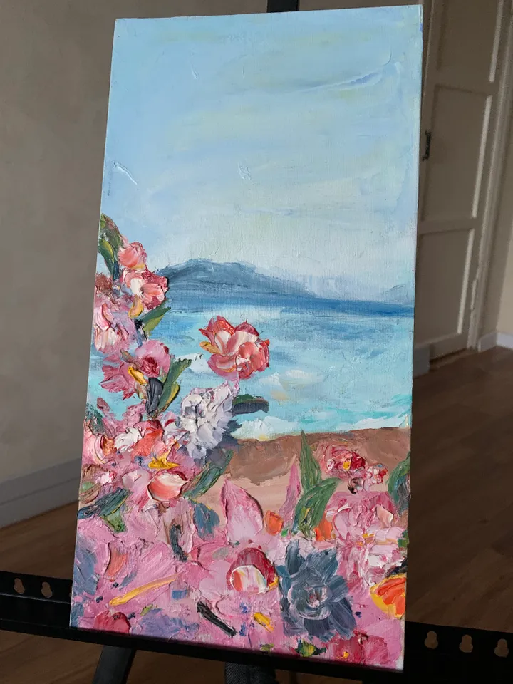 Flowers in the lagoon tropical flowers impasto original oil painting texture